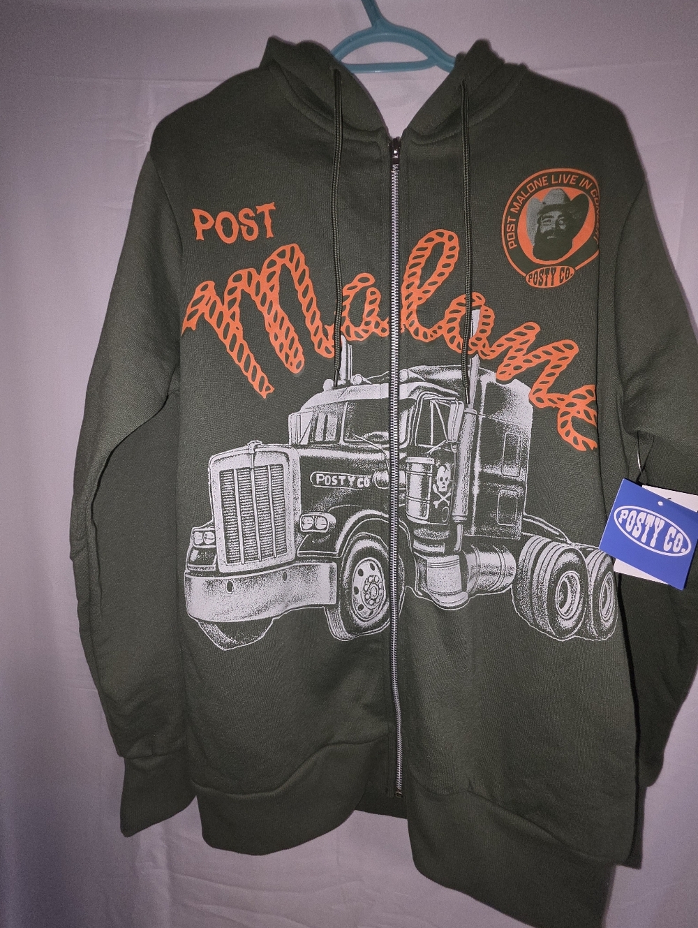 New W/tags Post Malone Unisex Men's Olive Green Zip Hoodie with Truck Graphic